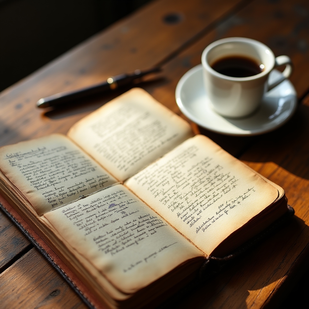 Quaderno di appunti con ricette manoscritte, penna e tazza di caffè su tavolo di legno