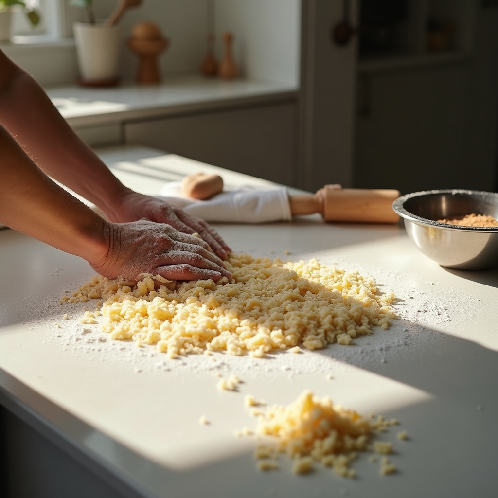 Mani che preparano un impasto su un piano cucina moderno con ingredienti tradizionali disposti accanto