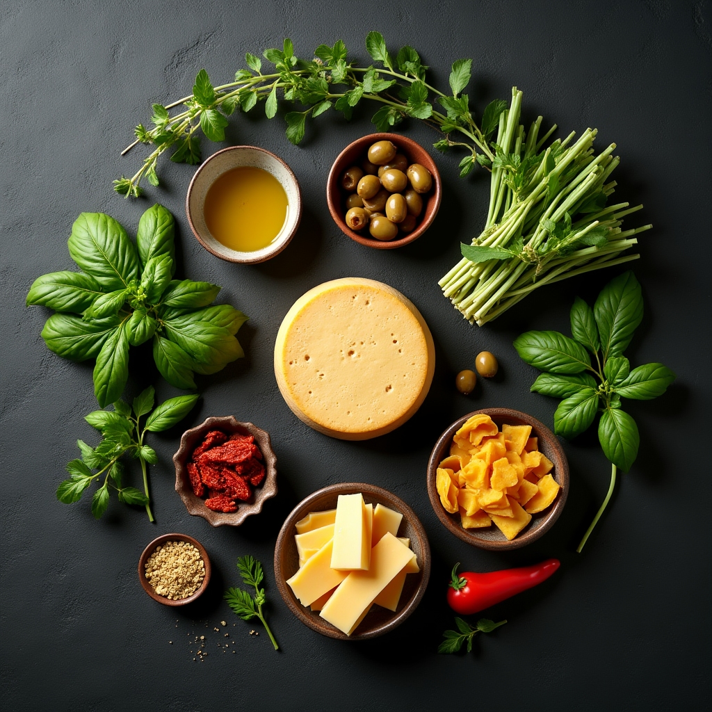 Composizione dall'alto di ingredienti tipici di diverse regioni italiane disposti su un tavolo scuro