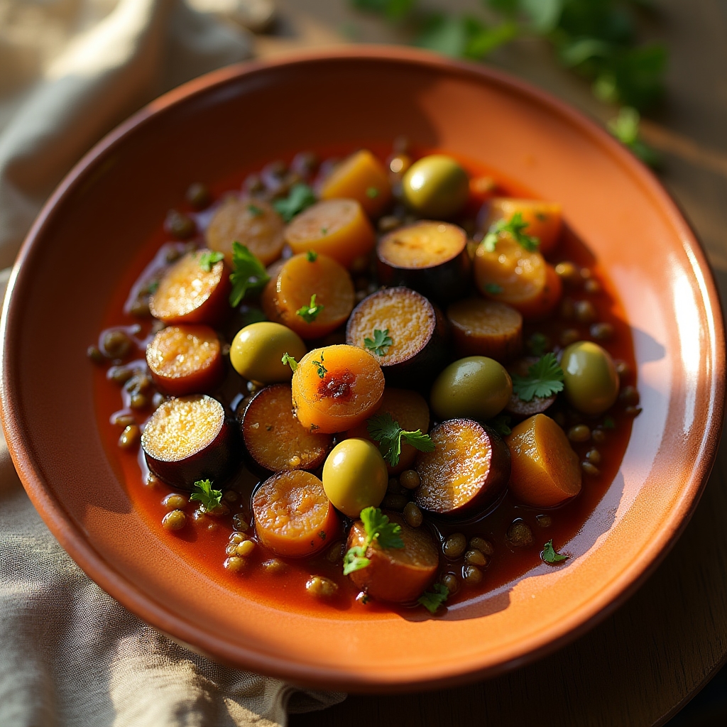 Caponata siciliana con melanzane, sedano e capperi servita in un piatto di terracotta