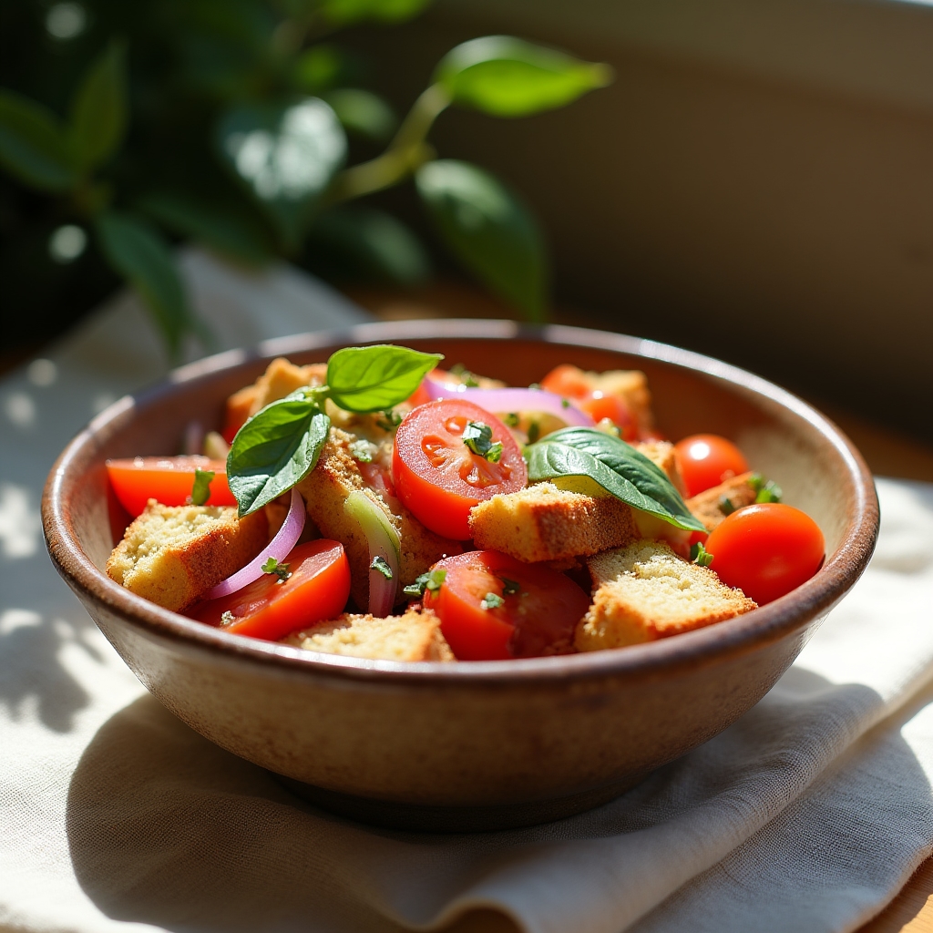 Panzanella toscana con pane raffermo, pomodori e cipolla rossa in una ciotola di ceramica