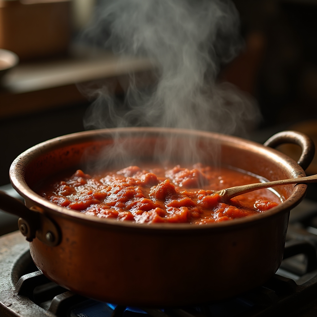Ragù alla bolognese in cottura lenta in un tegame di rame su fuoco basso