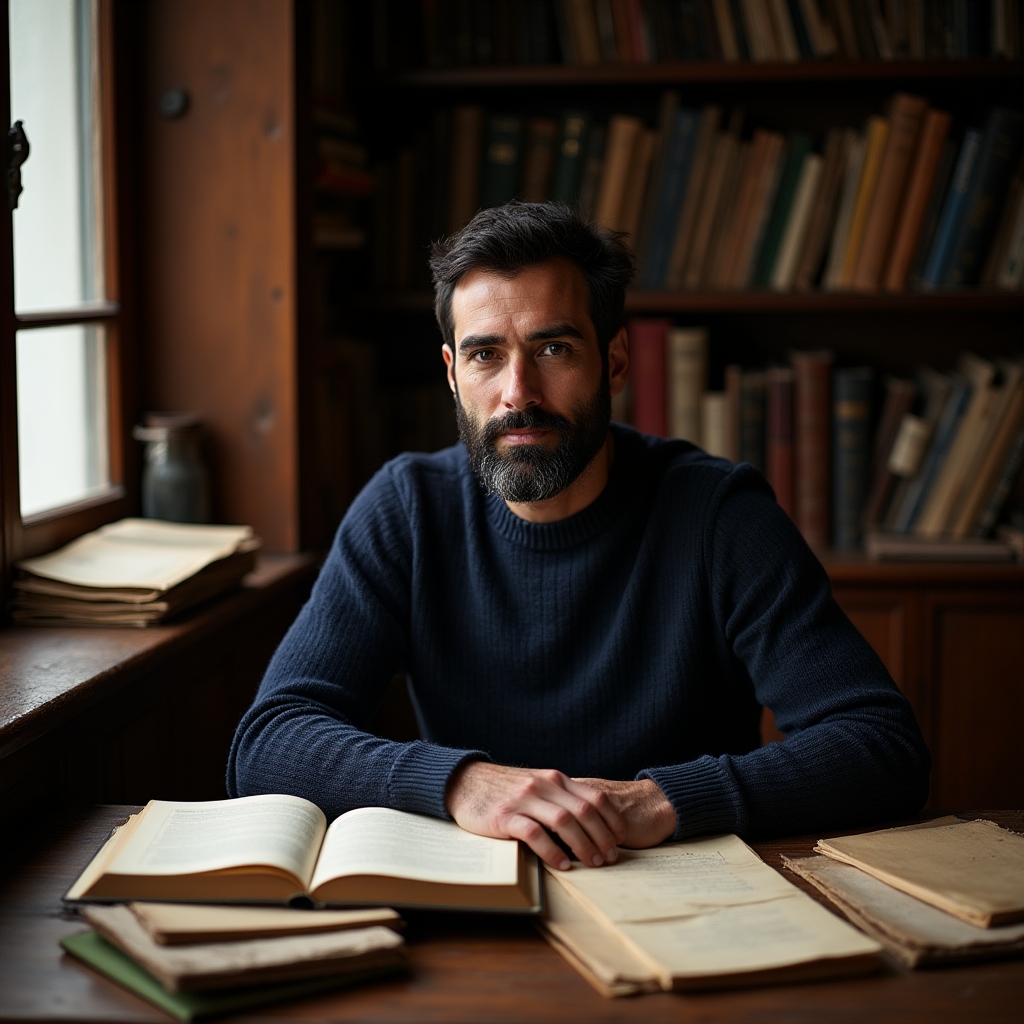 Ritratto di Davide Colombo, curatore storico e archivista culinario, seduto alla scrivania con documenti d'archivio