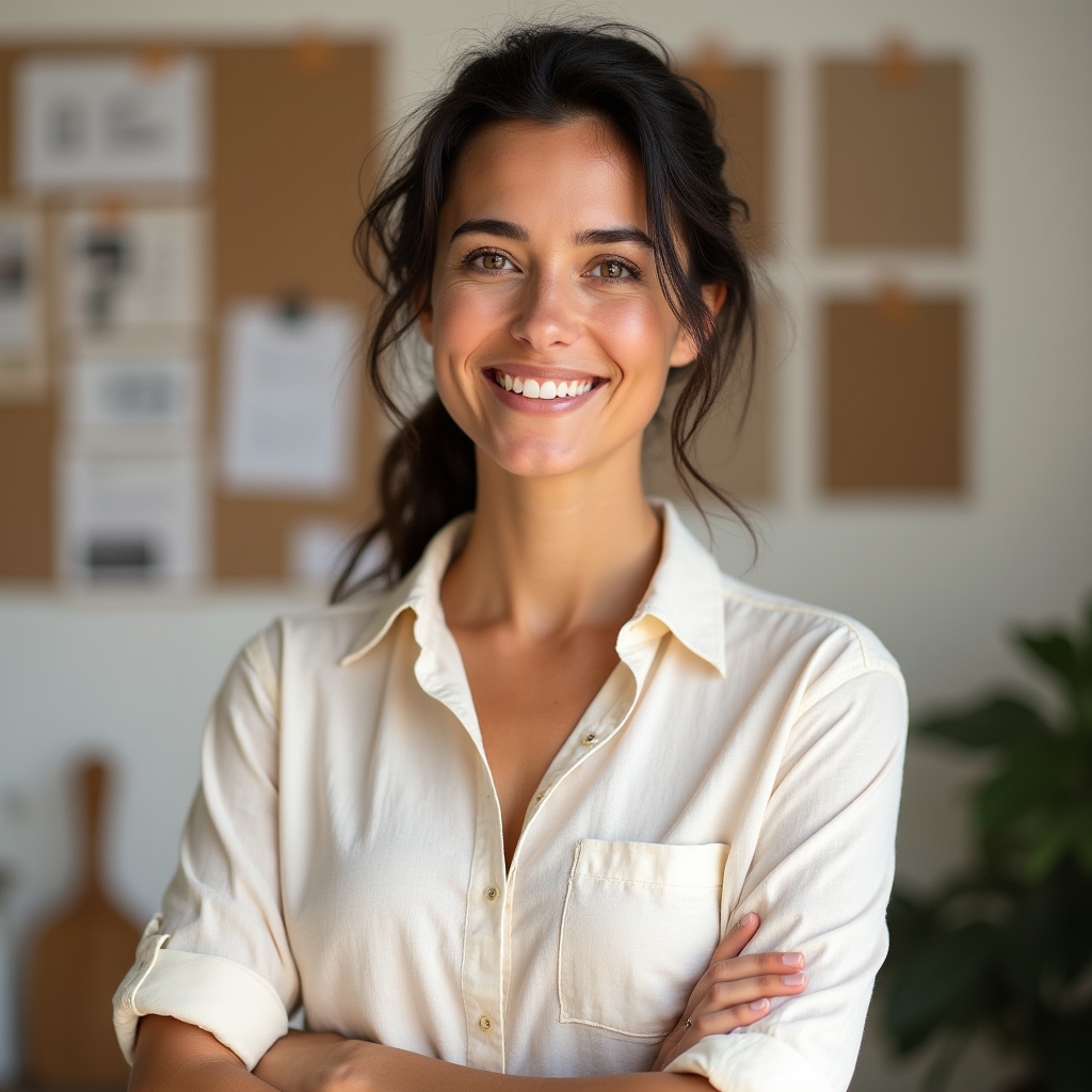 Ritratto di Elena Marchetti, fondatrice e ricercatrice gastronomica, sorridente in uno studio luminoso