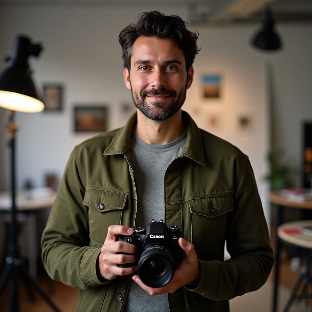 Ritratto di Matteo Ferrari, fotografo ed editor visivo, con macchina fotografica in mano in uno studio creativo