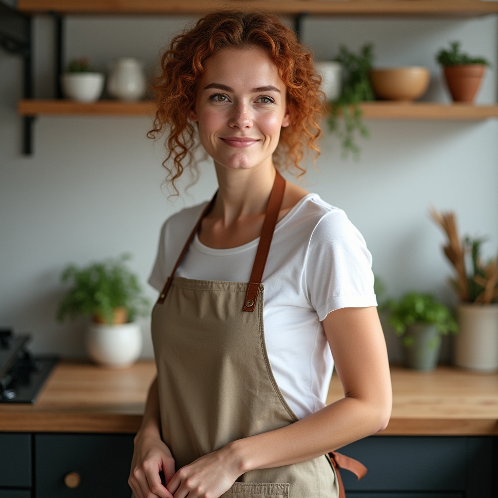 Ritratto di Sara Bianchi, autrice di ricette e adattamenti moderni, in piedi accanto a un piano di lavoro in cucina